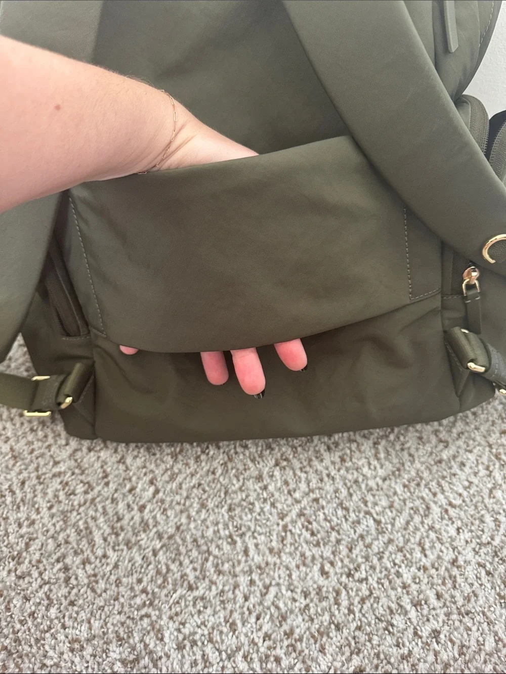 Tumi Olive Green Nylon Backpack with Gold Hardware